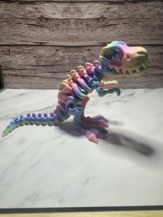 Articulated 3D Printed T-Rex Skeleton: Rainbow Flexi Dinosaur Toy, Jurassic Decor & Prehistoric Gift
