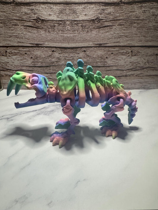 Articulated 3D Printed Saber-Toothed Tiger Skeleton: Rainbow Flexi Fidget Toy for Prehistoric Enthusiasts