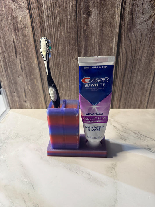 Customizable 3D Printed Dual Toothbrush & Round Toothpaste Holder - Bathroom Organizer in Solid Colors